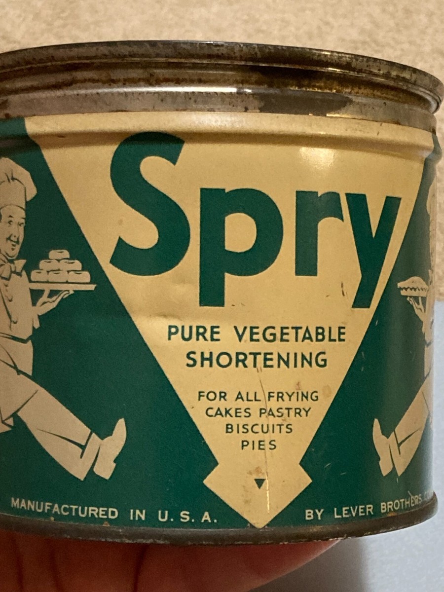 Vintage Spry Pure Vegetable Shortening One Pound Can Round Metal 