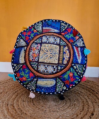 Indische handgefertigte runde ethnische Stickerei Vintage Patchwork Fußbank Pouf Bezug