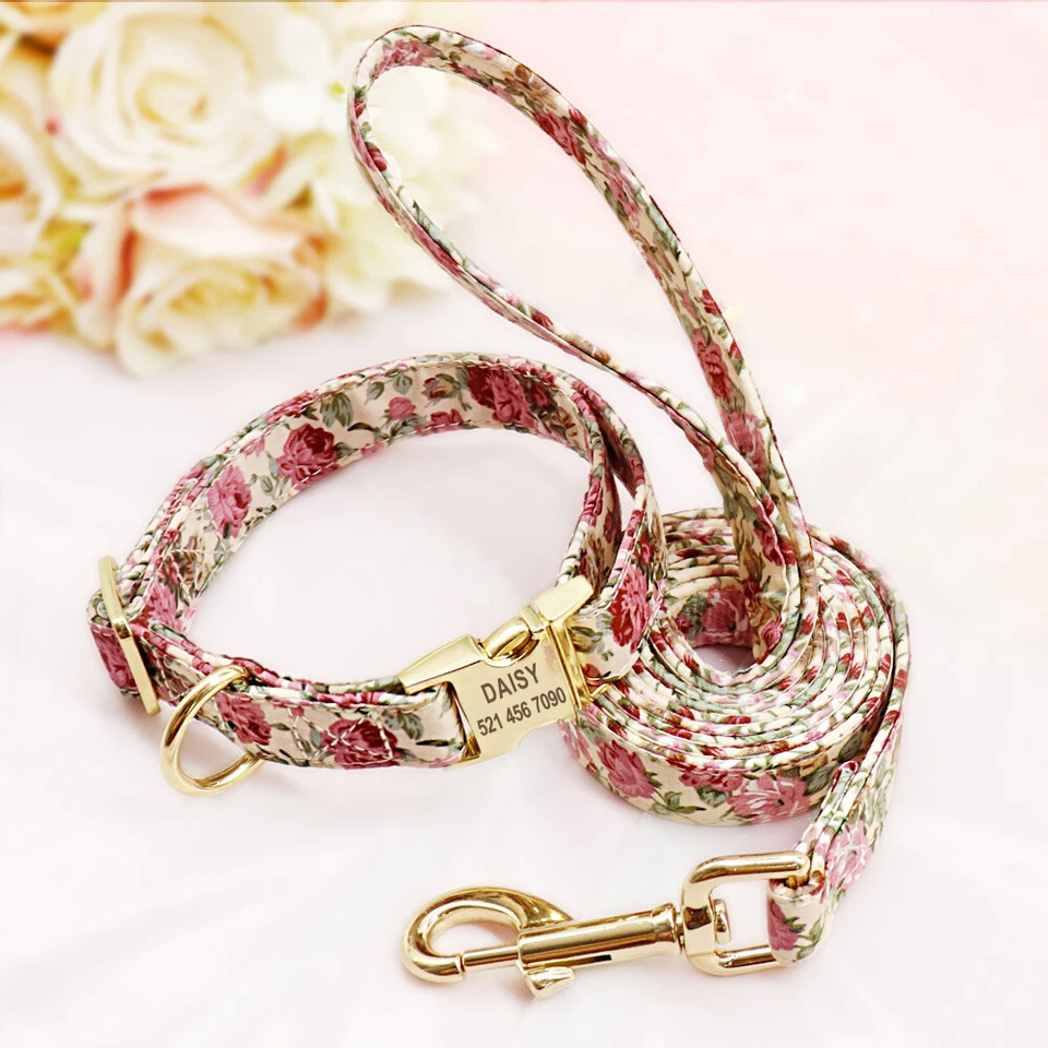 Personalised Flower Dog Collar or Lead Leash Set Custom Engraved Name ID Nylon - image 4 of 4