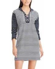 NEW Chaps Tie Front Nautical Striped Blue Terry Cloth Hoodie Dress Womens S NWT