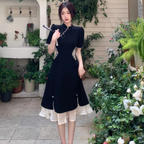 Women Retro Cheongsam Mesh Splice Qipao Dress Short Sleeve Embroidered Floral