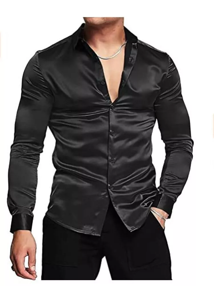 empleo pegar Escrupuloso Camisa Manga Larga Botones Sedoso A La Moda Para Hombre Lujo Negro Ultra  Suave | eBay