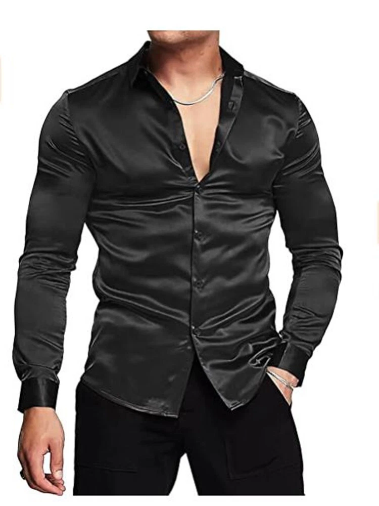 Fashion Silky Luxury Long Sleeve Black Button Down Shirt Dress Up Ultra Soft New