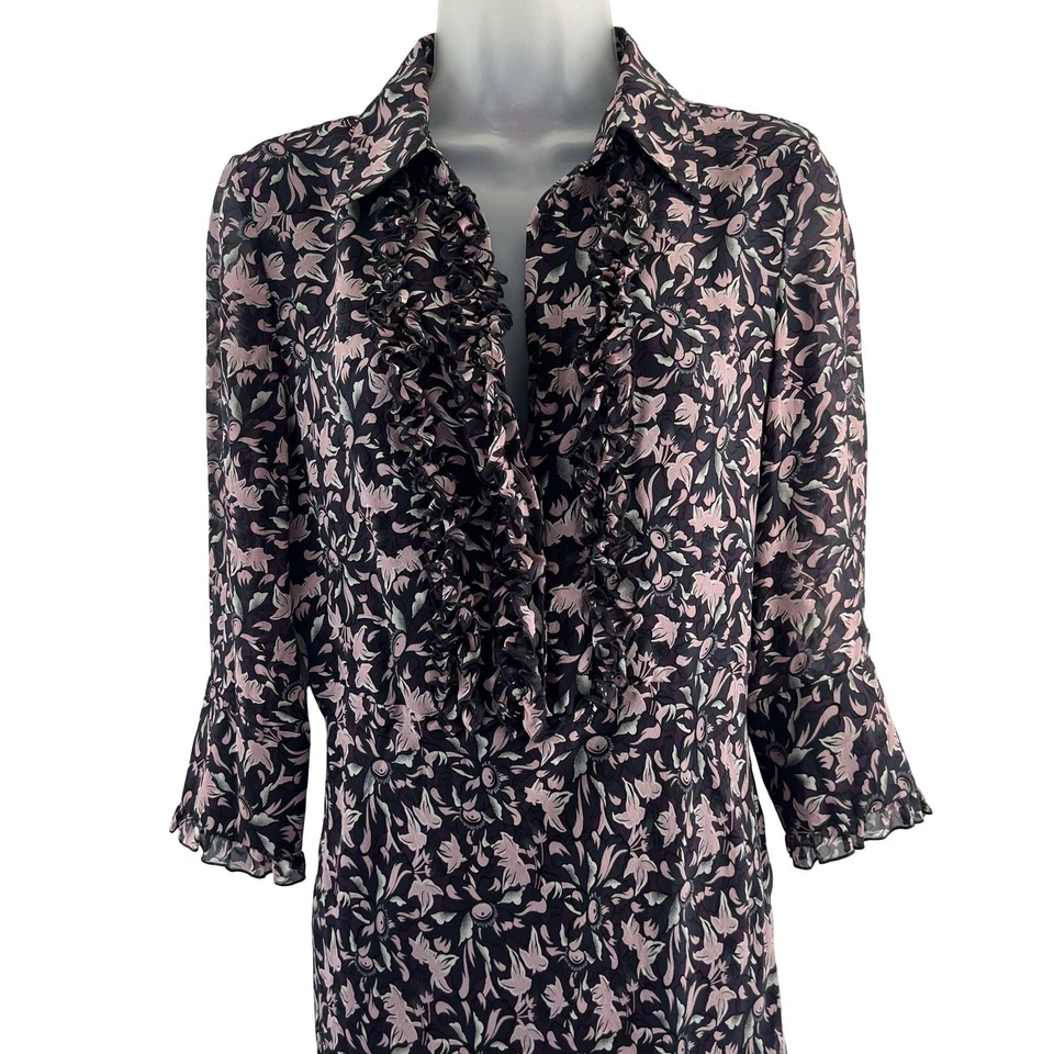 Vestido Vintage Vivienne Tam Tamanho 6 Floral Seda Babado Bolsos Midi Y2K Whimsigoth - Imagem 2 de 4