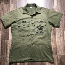 VTG US Navy Seabees Shirt Mens M Green Embroidered Military Short Sleeve BOND