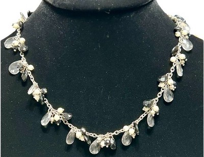 Chaps Silver Tone Smoky Grey Crystal & Faux Pearl Cluster Fringe Necklace Toggle