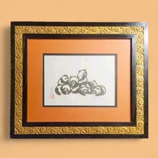 Vtg Framed Asian Panda Bear Ink Print Gold Floral Trim Oriental Art Wall Decor