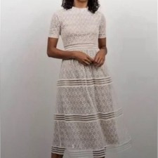 Baltic Born Windsor Lace Midi Dress Tiered Large Neutral Preppy Fairy Tan White