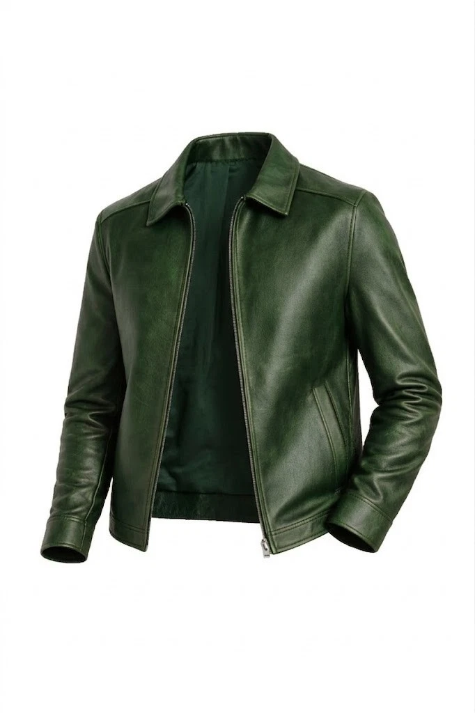 Genuine Leather Cafe Racer Jacket Green Slim Fit Biker Motorcycle Men’s Coat