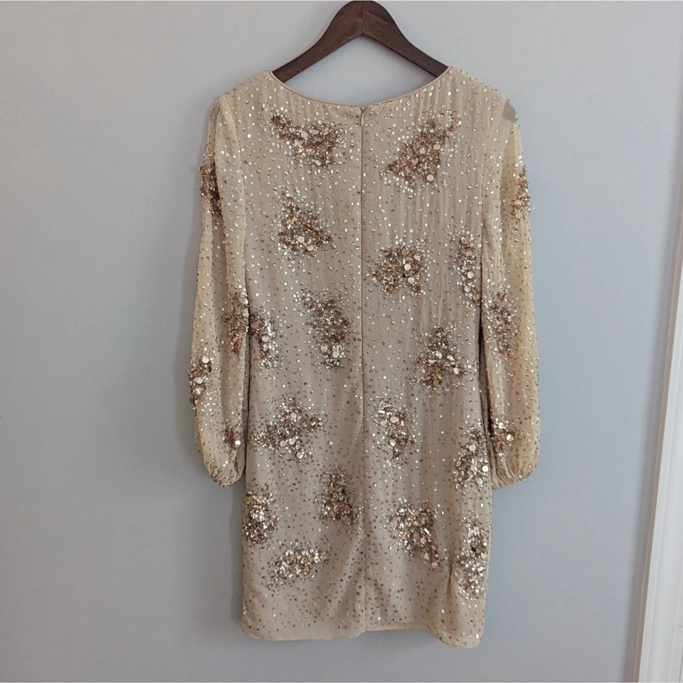 Vestido recto para mujer Badgley Mischka dorado con cuentas 4 cócteles Foto 4 de 4