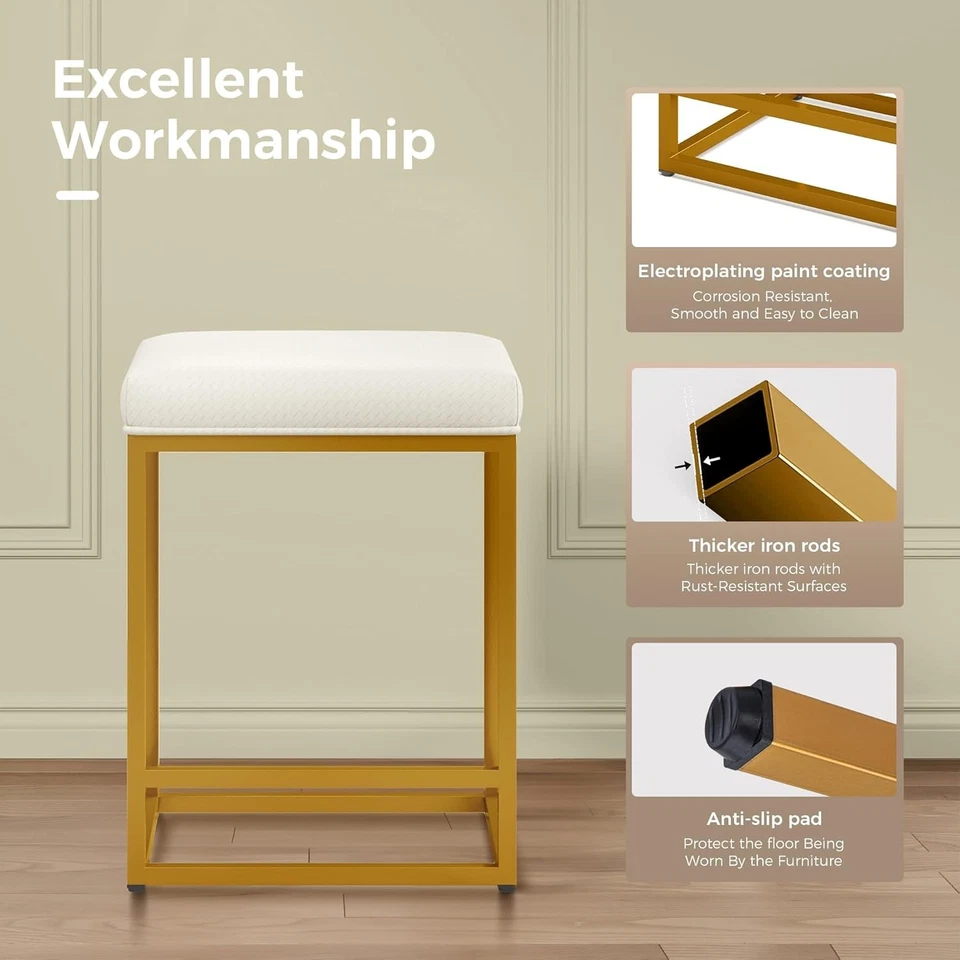 24" Kitchen Bar Stools Set of 2 White & Gold Counter & Bar Height Stools - Image 4 of 4