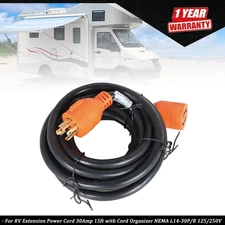 RV Extension Power Cord 30Amp 15ft with Cord Organizer NEMA L14-30P/R 125/250V