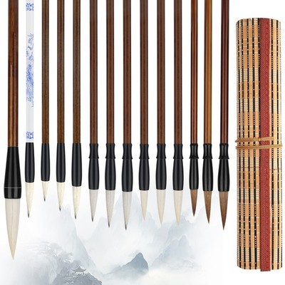 15x Chinese Calligraphy Brush Set w/ Roll-Up Bamboo Holder for Painting Writing