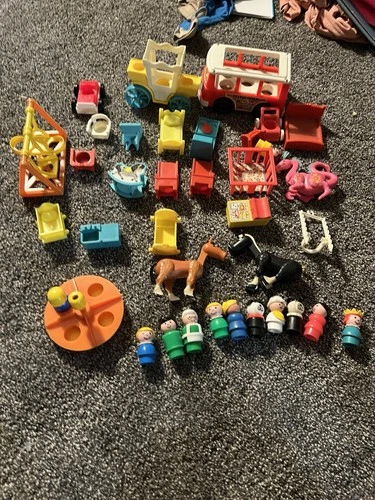 Vintage Fisher Price Little People 35pc Lot Playground Wood Horse Dragon Cars