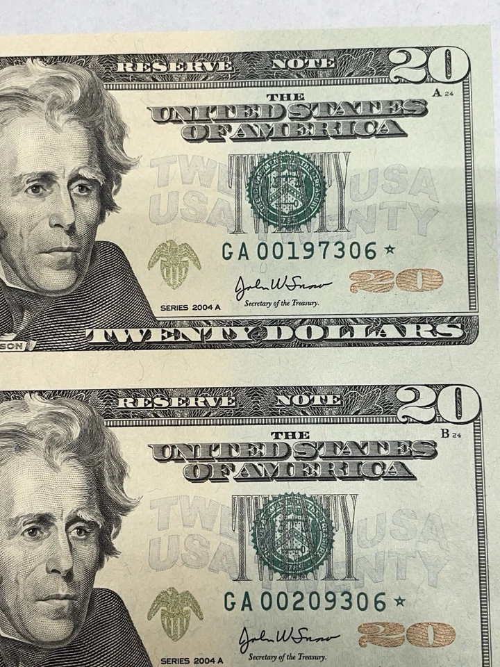 Uncut Sheet of Four (4) $20 Twenty Dollar Bills - 2004 A Star Notes Uncirculated - Image 3 of 4