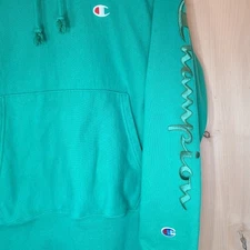 Champion Reverse Weave Hoodie Sweatshirt Green Script Logo Menswear
