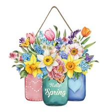 Hello Spring Welcome Sign for Front Door Spring Flower With Jar Colorful