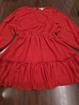 Flying Tomato Red Ruffle Tiered Mini Dress Womens M Long Sleeve Sheer Overlay