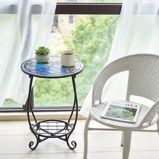 Round Mosaic Garden Side Table Patio Coffee Table Plant Stand Shelf Dining Desk