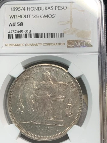 Honduras 1895/4 Peso Without "25 GMOS" NGC Graded AU58, Low Pop SKU#37011