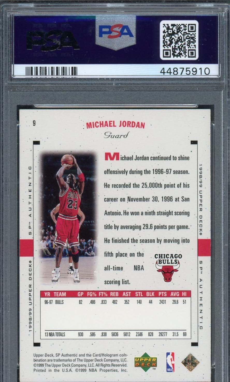 Michael Jordan 1998 SP Authentic Upper Deck Basketball Card #9 Graded PSA 9 MINT view 2