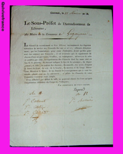  DISPENSES DEFINITIVES CONSCRITS 1804 LIBOURNE GIRONDE - Picture 1 of 1