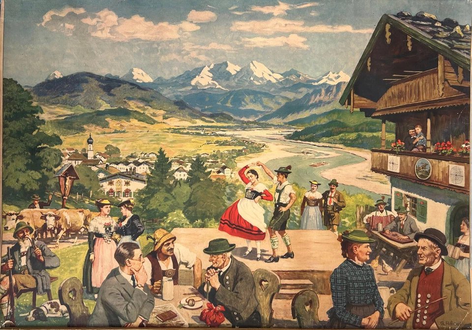 Grande reproduction ancienne de paysage allemand Début XX ième genre poster - Photo 1/1