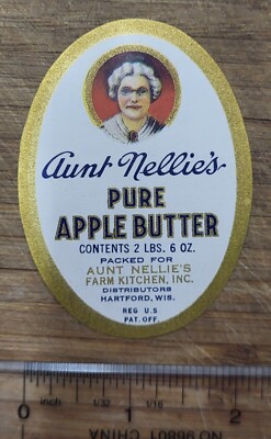 ADVERTISING JAR Bottle Label Hartford Connecticut Aunt Nellies Pure Apple Butter