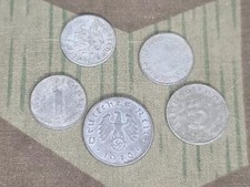 Lot of Five WWII German Reichspfennig Coins (1, 5, and 10 Rpf) Coin Zinc 1940s