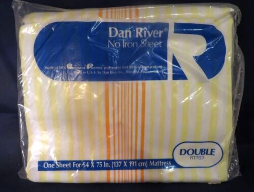 Vintage No Iron Dan Rivers Orange, Yellow, White Double Fitted Sheet - Unopened - Picture 1 of 2