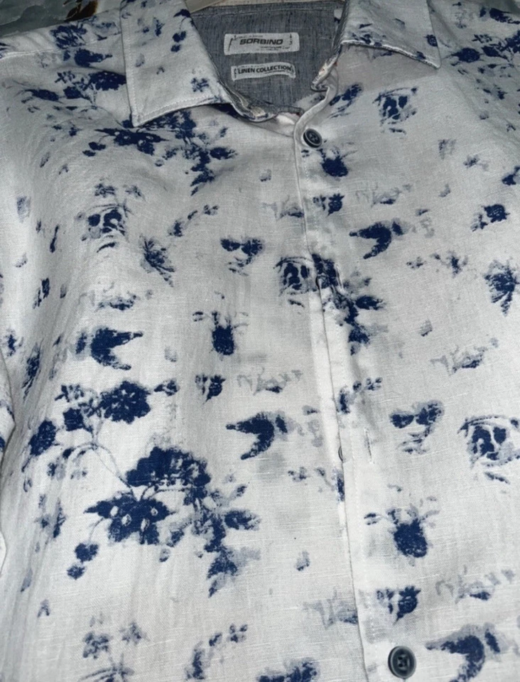Camicia Sorbino Taglia S Uomo Shirt Manica Lunga Cotone Bianco A Fiori Blu - Immagine 3 di 4