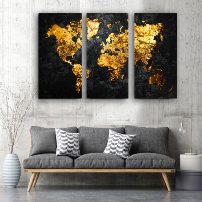 Golden Modern World Map Triptych Canvas Print