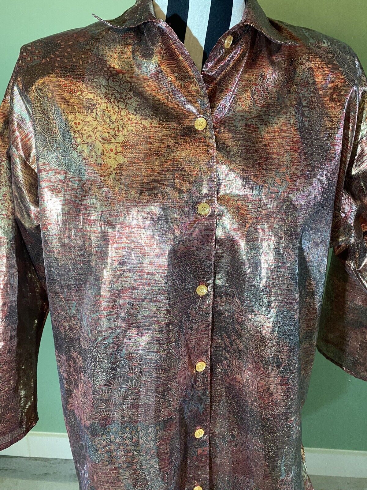 VTG 70s Psychedelic Print Metallic Lamé Shirt Ret… - image 10