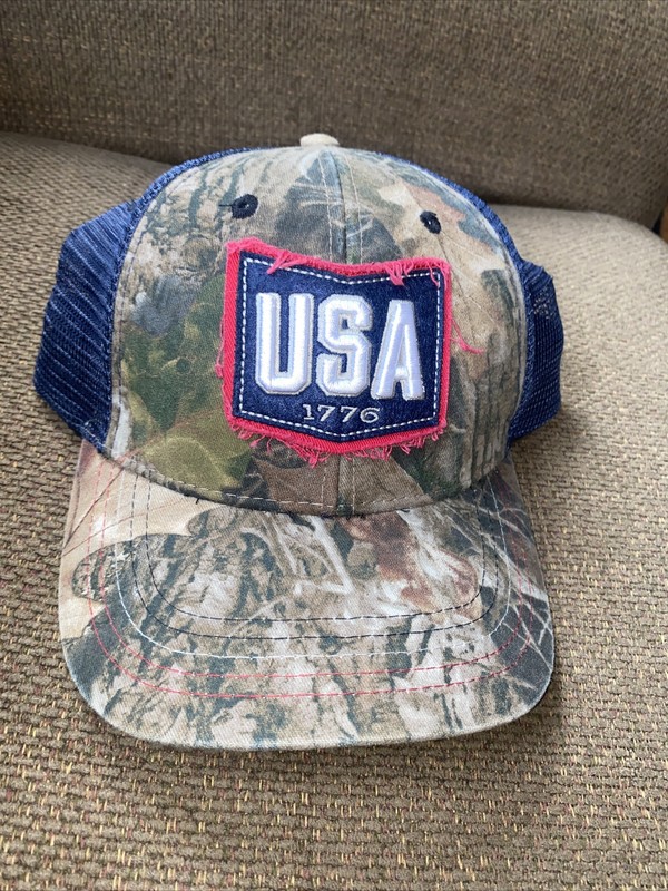 USA 1776 Cap CAMO Distressed Unmarked Hat Adjustable OSFM Camo Brown -Preowned