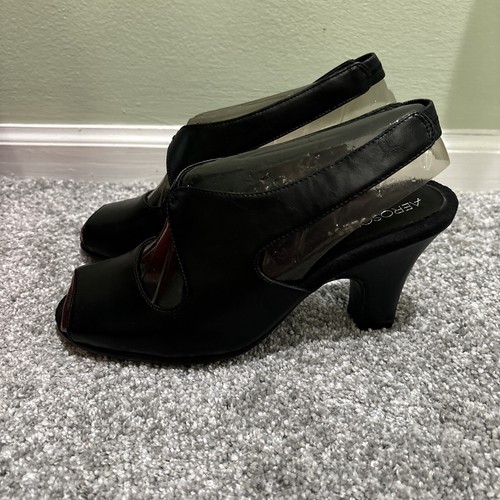 Aerosoles Black Faux Leather Gin Up Ladies Sling Back Heels Sandals Size 8 - Picture 2 of 9