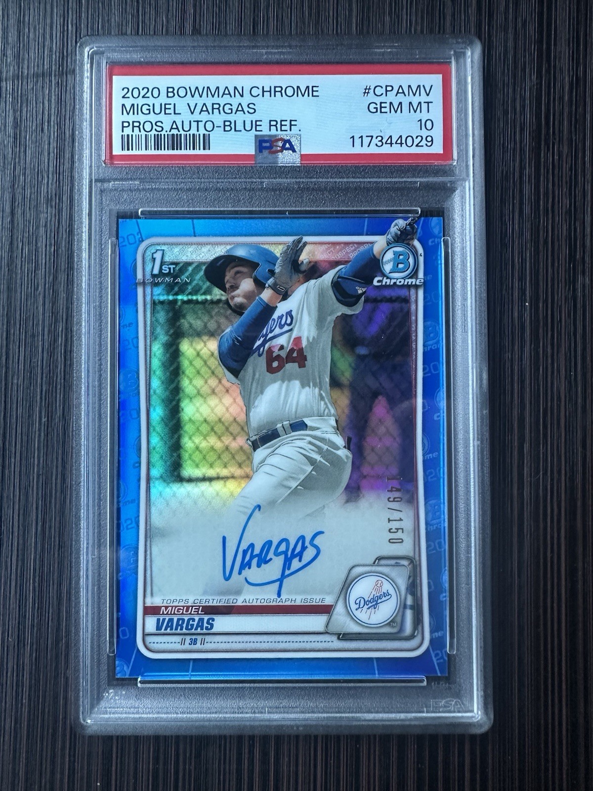 MIGUEL VARGAS 2020 BOWMAN CHROME BLUE REFRACTOR AUTO #CPA-MV /150 GEM PSA 10 1ST