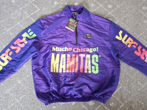 Giacca a vento vintage stile surf viola Mucho Chicago Mamitas 1/4 zip L nuova con etichette - Foto 1 di 7