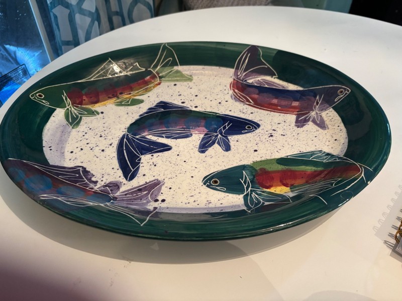 Vintage Julie Ueland backsplash large pottery platter hand painted salmon fish.