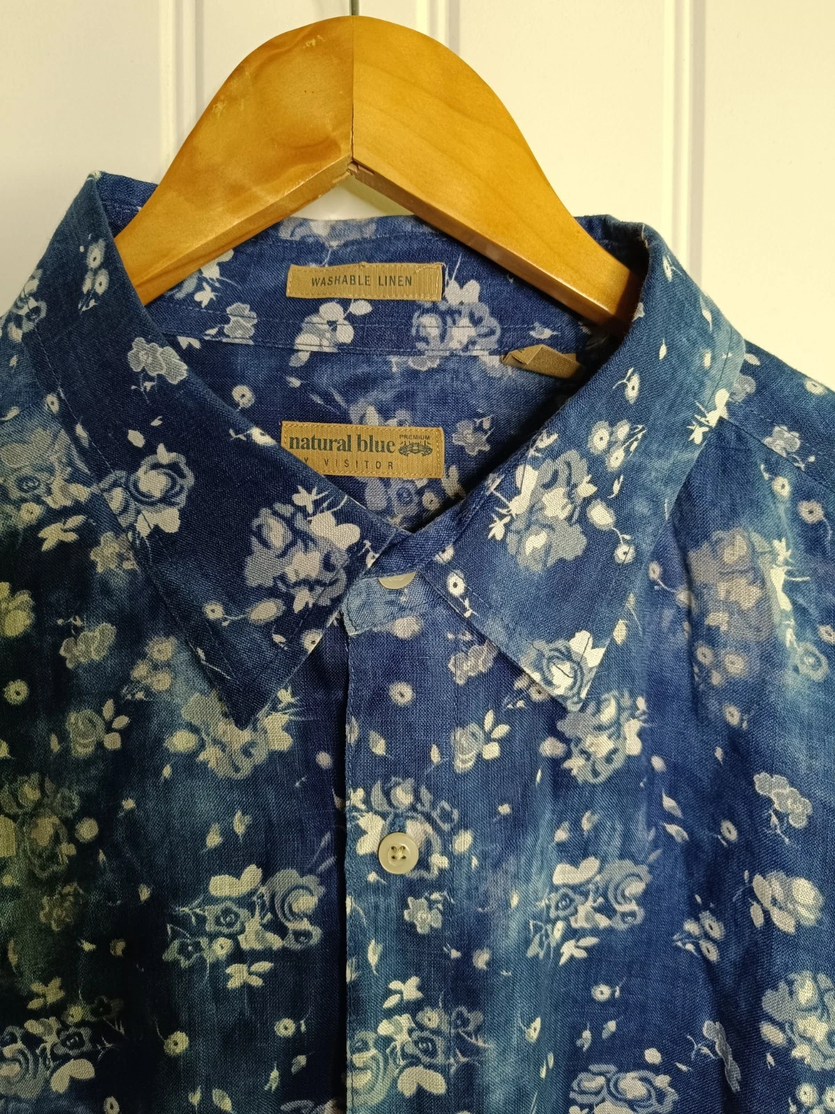 XXL 2XL Natural Blue Linen Floral Button Down Travel Casual Beach Vacation Money