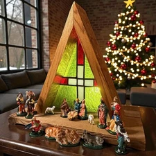 Vintage Artisan Wooden and Stained Glass Nativity Scene Holy Family 11.5 x 12