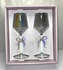 Cupcakes & Cashmere Iridescent Pink Bow Wine Glasses Set of 2 NIB