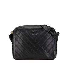 Chanel Coco Mark Bias Stitch Caviar Skin Shoulder Bag Women Black One Size