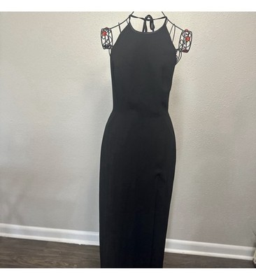 Kay Unger Black Halter Maxi Dress Size 10 Lace-Up Sleeveless Split Long |  eBay