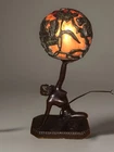 Art Nouveau Brass Tiffany Style Lamp Lady Holding Amber Art Glass Sphere Shade
