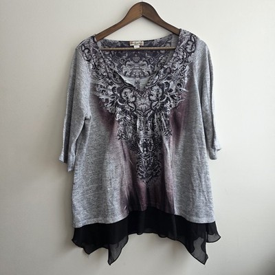 Grey Fairy Grunge Shirt 0X Rhinestones Graphic Flutter Hem Goth Dark Romantic