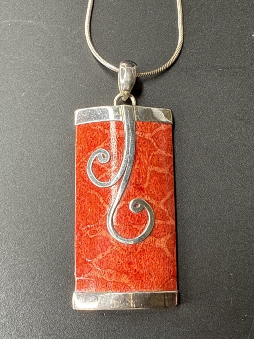 Red Coral Artisan Rectangular Pendant Necklace 92… - image 10