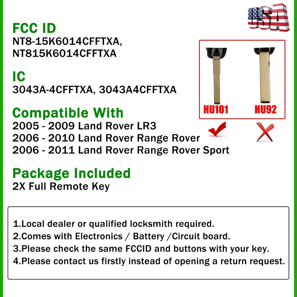 2 Llavero remoto para Land Rover LR3 NT8-15K6014CFFTXA 2005 2006 2007 2008 2009 Foto 2 de 4