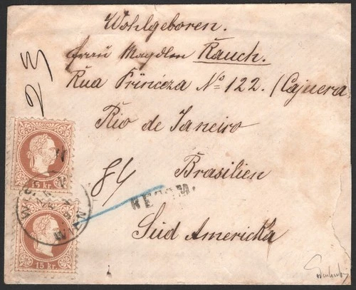 Österreich 1867 39 IIa (2) Rekobrief-Kuvert WIEDEN WIEN 15/4/79 n RIO DE JANEIRO