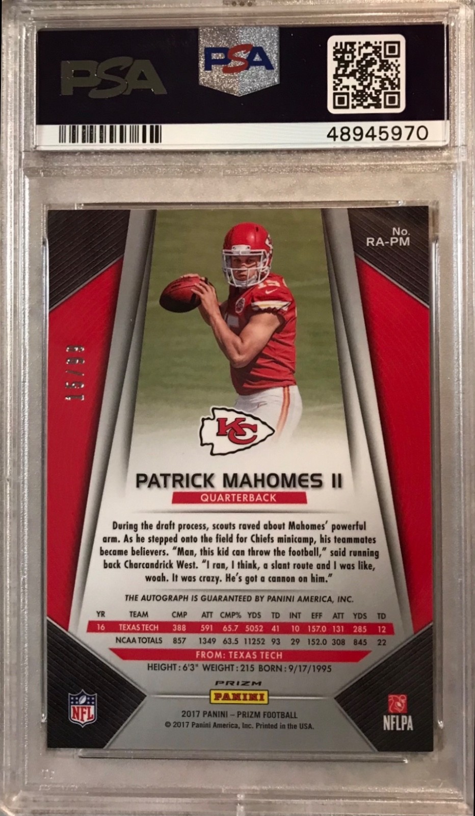2017 Panini Prizm Patrick Mahomes Auto #15/99 JSY# Green Scope RC PSA 9/10 POP 4 view 4
