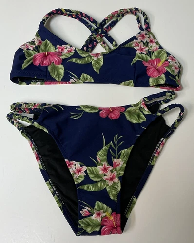 Cupshe 2 Pc Bikini Swimsuit Sz. XS Navy Blue Florals Strappy Braided